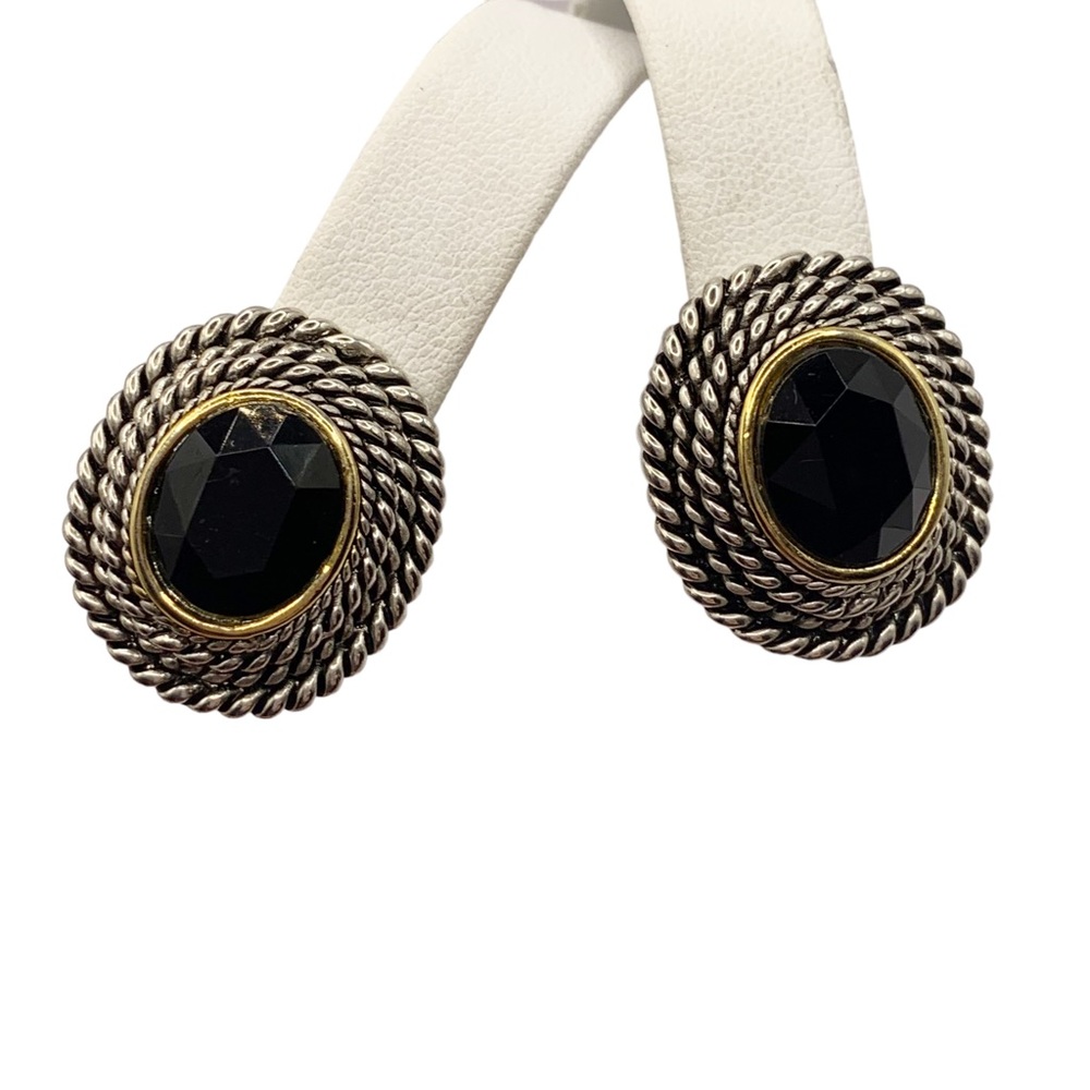 Silver gold rope textured setting with dark faceted glass stone clip on earrings